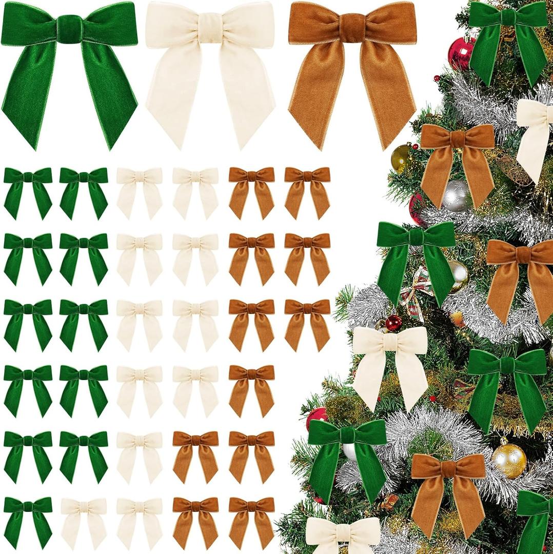 36 Pcs Christmas Velvet Bows Vintage Rustic Xmas Tree Velvet Ribbon for Stairs Wreath Fireplace Garland Home Decor Winter Party Indoor Outdoor(Ivory,Brown,Dark Green,3.15x3.15In)