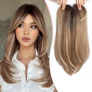 Long Wavy 18inch Hair Topper Big Base Cover Thinning Hair Clip in Hair Toppers for Women Fiber Wiglets with Fringe Ombre Brown Color (Light Brown with Dark Root)