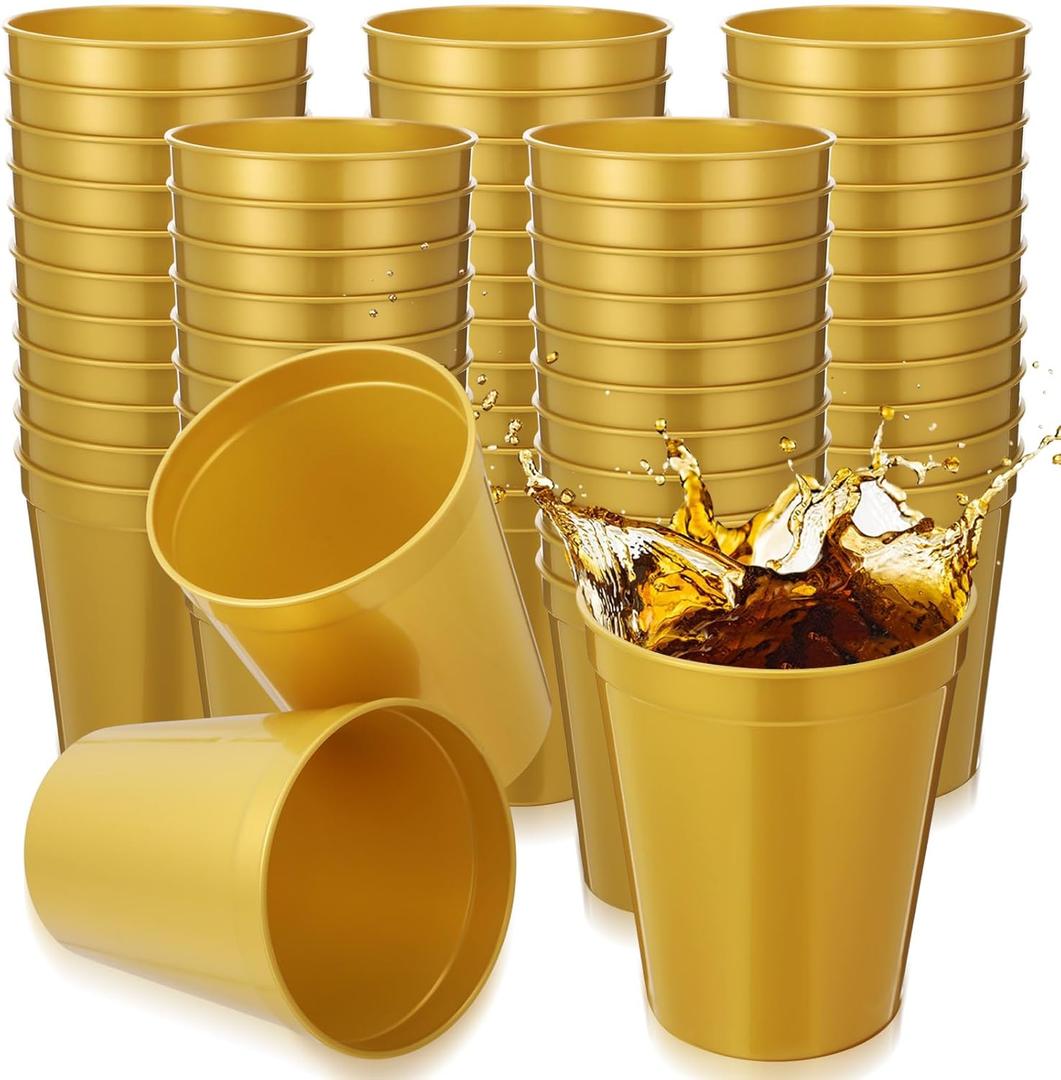 Yungyan 50 Pack 16oz Stadium Cups Reusable Plastic Cups Blank Drink Tumblers for Parties, Events, DIY Projects, 4.5 x 3.54 x 2.72 Inch (Gold)