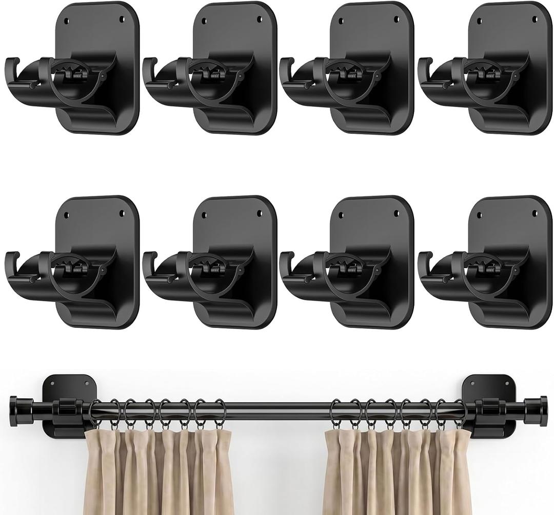 No Drill Curtain Rod Brackets - 20LB, 8 Pack Self Adhesive Curtain Rod Holder, Peel and Stick Wall Hooks, Renter Friendly Upgrades for Apartment, Kitchen, Bathroom, Dorm, Living Room and RV