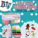 10,000-Piece Holiday Fuse Bead Kit for DIY Xmas Ornaments - 8 Unique Christmas Designs w Peg Boards, Tweezers, Ironing Papers - Great for Homemade Ornaments, Holiday Classroom Parties Family Activity