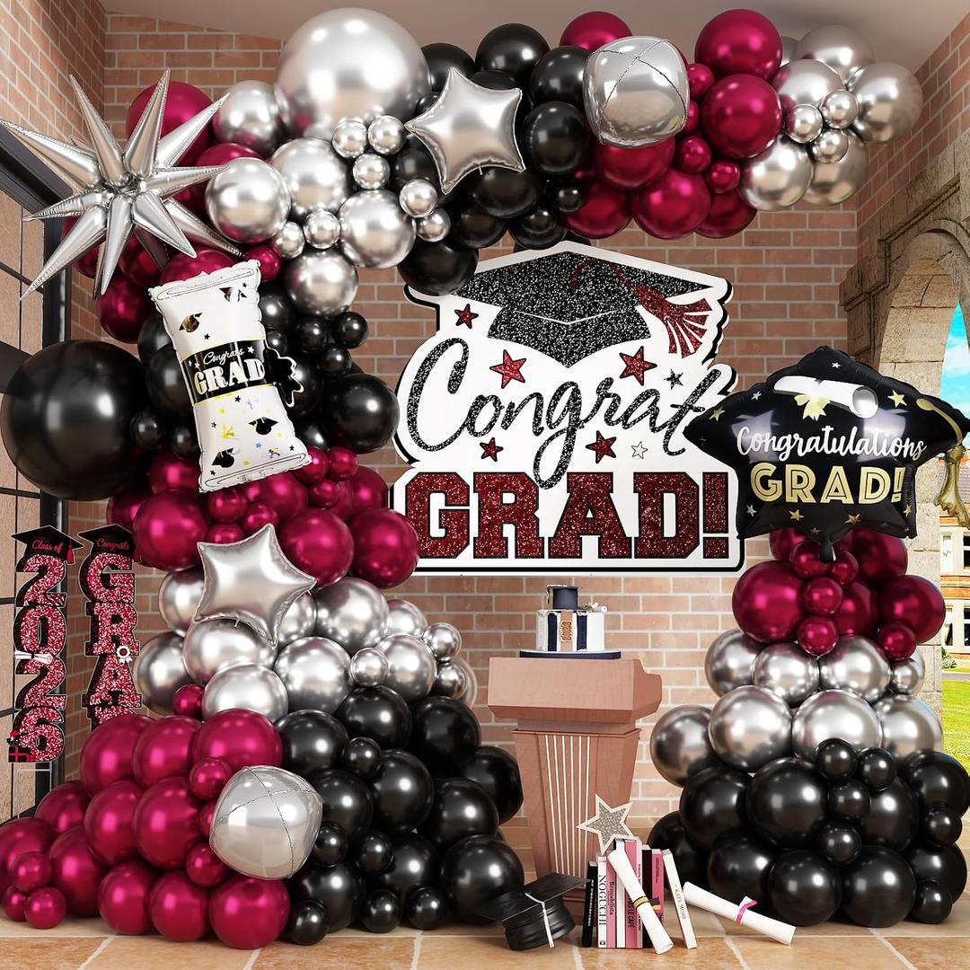 Graduation Balloon Garland Arch Kit, Burgundy and Black Balloons Grad Caps Diplomas Star Foil Balloon Maroon Wine Dark Red Black Silver Latex Balloons for Class of 2026 Congrats Grad Party Decoration