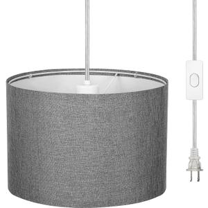 DEWENWILS Plug in Wall Light, Hanging Lamp with 15ft Clear Cord, On/Off Switch, Gray Fabric Lampshade, Hanging Light Fixtures for Bedroom, Kitchen, Living Room, Dining Room