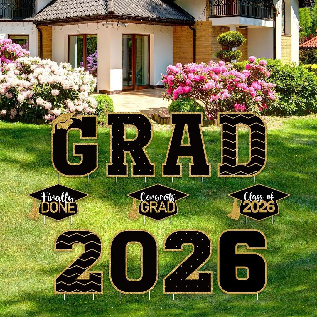 Tatuo 11 Pcs Graduation Yard Sign Decorations Congrats Graduation Lawn Signs 2026 Grad Yard Decor with 23 Stakes for Outdoor Grad Party(Black Gold,Simple Style)
