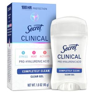 Secret Clinical Strength Antiperspirant Deodorant for Women, 100hr Sweat & Odor Protection, 3X Stress Protection with Hyaluronic Acid, PH Balancing Minerals, Clear Gel, Completely Clean Scent, 1.6 oz