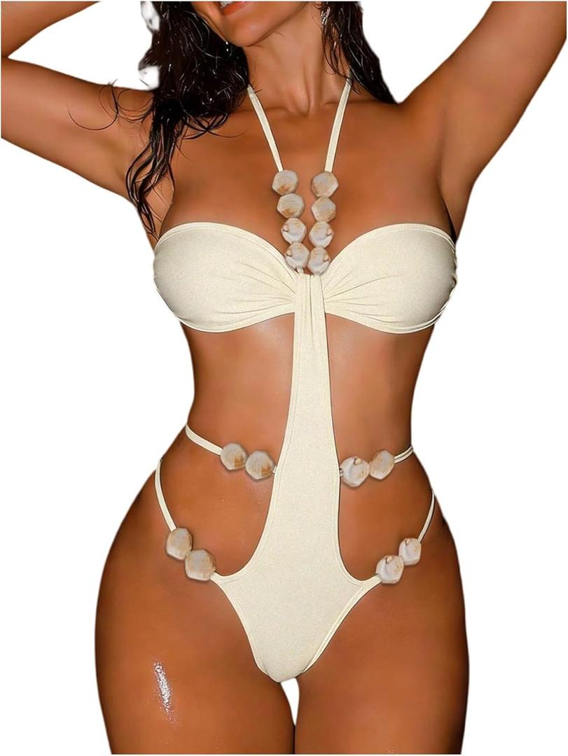 OYOANGLE Women's Strappy Beaded Halter Monokini Cutout Backless One Piece Swimsuit Cheeky Beach Leotard (Medium, Beige)
