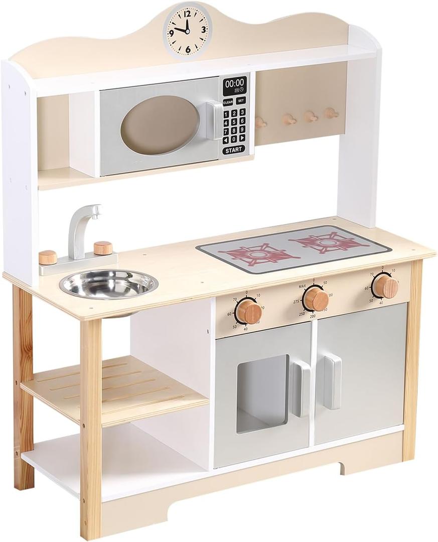 Wooden Play Kitchen, Kids Toy Kitchen Cooking Set, Kids Play Kitchen Pretend Play Set, Pretend Kitchen Playset for Toddlers Boys and Girls 3-7+