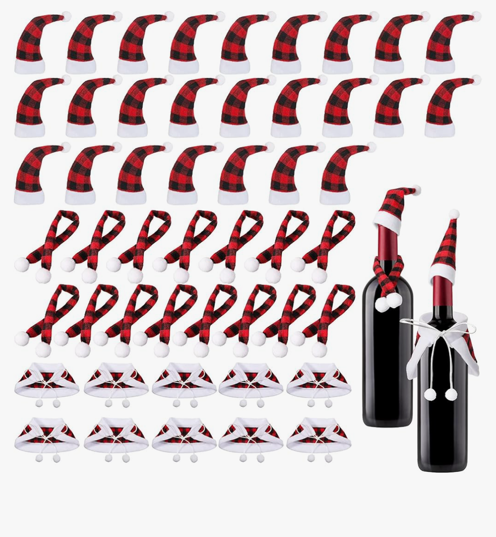 Nuenen 50 Pcs Mini Christmas Bottle Cover Set Tiny Santa Hat Scarf Capelet Flute Topper Decoration Xmas Doll DIY Craft