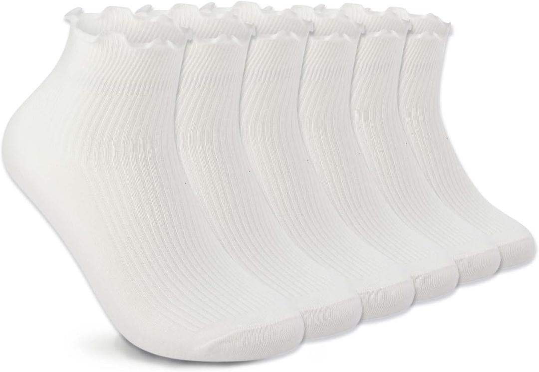 DarkCom Ruffle Socks Womens 6 Pairs Cute Ankle Lettuce Edge Frilly Crew Socks (5-9, White)
