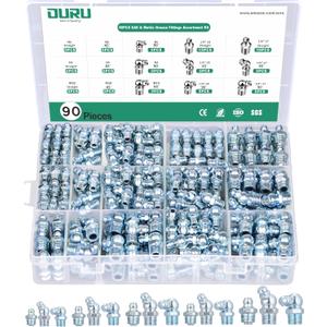 90PCS SAE & Metric Grease Fittings Assortment, Zerk Grease Fittings Kit NPT 1/4" 1/8" M6 M8 M10 Straight 45 90 Degree Grease Gun Fittings