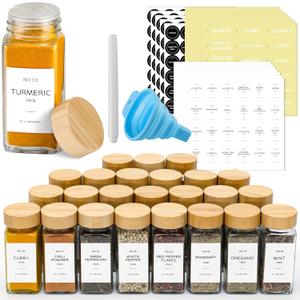 NETANY 24 Clear Pcs Glass Spice Jars with Bamboo Lids, 4 oz Glass Jars with Minimalist Farmhouse Spice Labels Stickers, Collapsible Funnel, Seasoning Storage Bottles for Spice Rack, Cabinet, Drawer