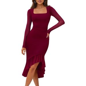 MEROKEETY Women's 2026 Wedding Guest Dress Bodycon Long Sleeve Square Neck Ruched Mesh Cocktail Party Holiday Midi Dresses (Large, Wine)