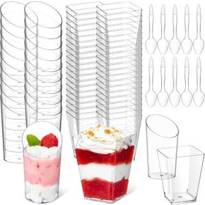 Soelomu Mini Plastic Dessert Cups with Spoons 200 Pcs | Serves 100 | 5 OZ Square and 2.2 OZ Slanted Dessert Shooters | Small Party Serving Cups for Parfait, Appetizers, Dessert Shot Glasses Set
