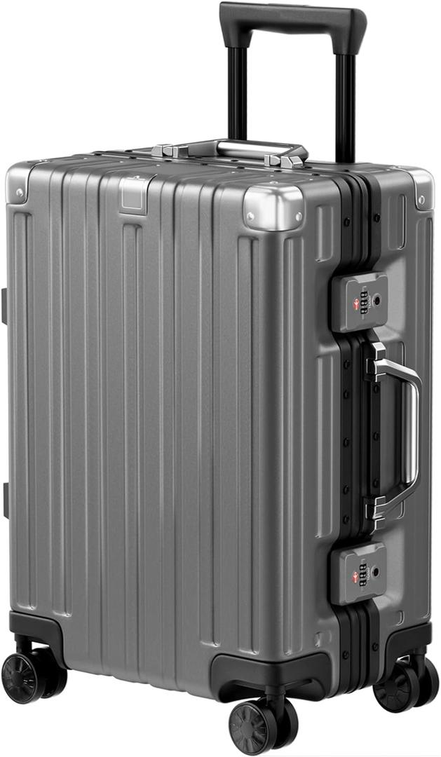 Krute Carry On Luggage Aluminum Frame No Zipper Metal Hardshell PC+ABS Luggage Noble TSA Airline Approved Suitcase with Spinner Wheels 20 Inch Gray
