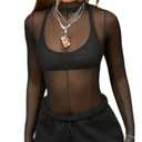 Sheer Long Sleeve Tops for Women Mock Neck T Shirts Sexy See Through Mesh Slim Fit Going Out Lace Tee Tops Black Large