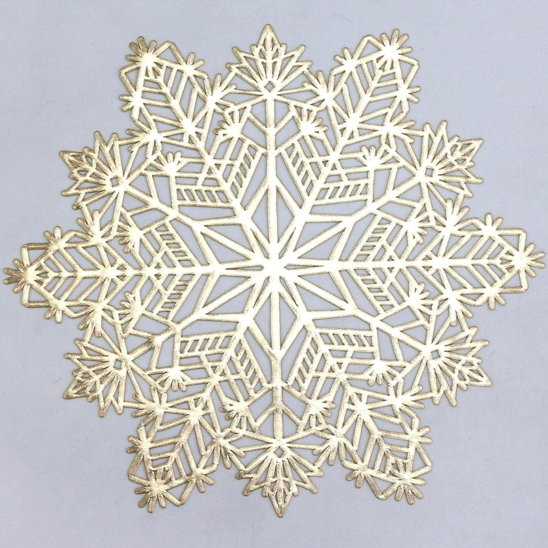 15"13.5" Pressed Vinyl Metallic Placemats for Dining Table Decoration, Set of 6, Snowflake Gold
