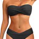 Women's Strapless Bandeau Bikini Set - Twist Front Two Piece Swimsuit with Side Tie Bathing Suit Bottom (Medium, Black)