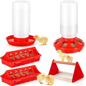 Chick Feeder and Waterer Kit, Plastic Baby Chicken Feeder and Waterer Set with Chick Perch (RED&WHITE)