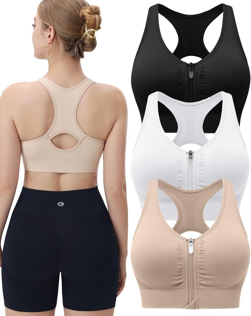 Evercute Women's Zip Front Sports Bras Wireless Padded Racerback Medium Support Post-Surgery Bra Yoga Exercise Athletic Bras