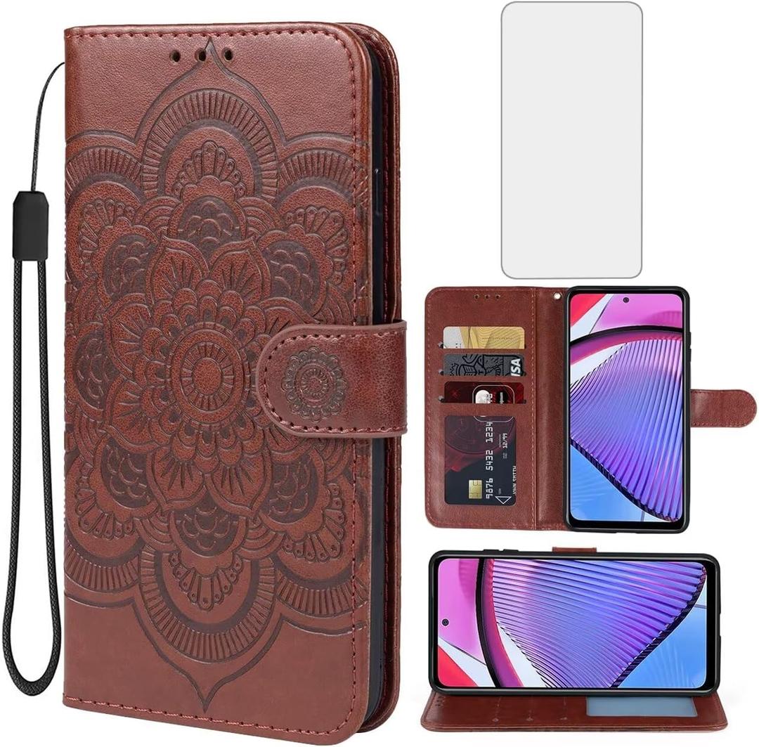 Case for Moto G Power 2024 5G Flip Case with Tempered Glass Screen Protector, Leather Wallet, Kickstand Cover for Motorola Moto G Power 2024 5G Brown
