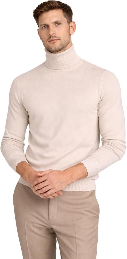 Cashmeren Men's Essential Knit Turtleneck Sweater 100% Merino Wool Long Sleeve Roll Neck Pullover (Beige), M