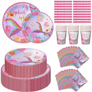 Mermaid Birthday Party Supplies Plates and Napkins Set for 24 Guests, Mermaid Tableware Set Includes 9''&7'' Paper Plate,Cup,Napkin,Straw, Mermaid Party Decorations (Mermaid Set)