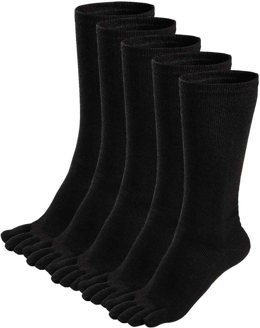 ZAKASA Mens Toe Socks Athletic Running Cushion Five Finger Cotton Crew Socks (Black, XL)