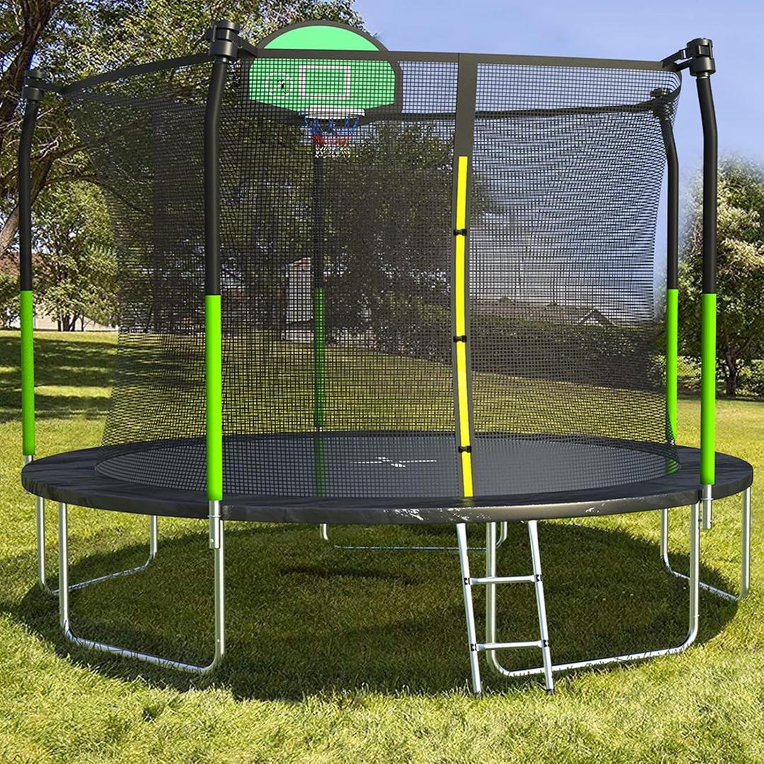 AOTOB 8FT 10FT 12FT 14 FT 15FT Trampoline with Safety Enclosure NetOutdoor Trampoline with Basketball Hoop, Heavy Duty Jumping Mat and Spring Cover Padding for Kids and Adults, Storage Bag and Ladder (Apple Green)