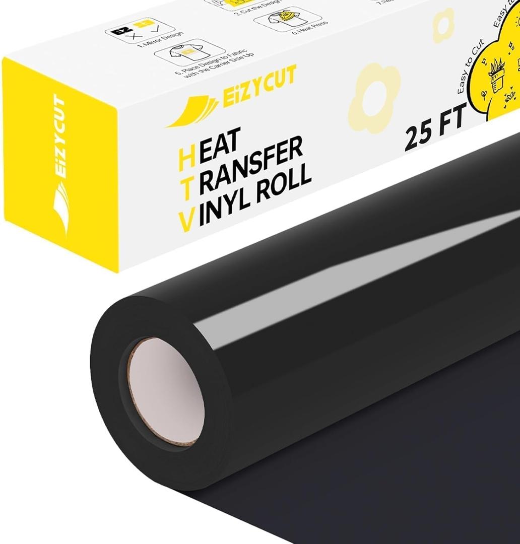 Black HTV Heat Transfer Vinyl - Eizycut 12" x 25FT Easy to Cut & Weed Black Iron on Vinyl Roll for T Shirts, Fabrics & DIY Projects, HTV Vinyl Compatible with All Cutting Machines