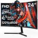 CRUA 24 240Hz Gaming Monitor, Curved FHD 1920 x 1080P, Built-in Speakers, Support 120% sRGB, AMD FreeSync, Low Motion Blur, Wall Mount Installs Compatible, for Office and Games(HDMI 2.0&DP 1.4)Black