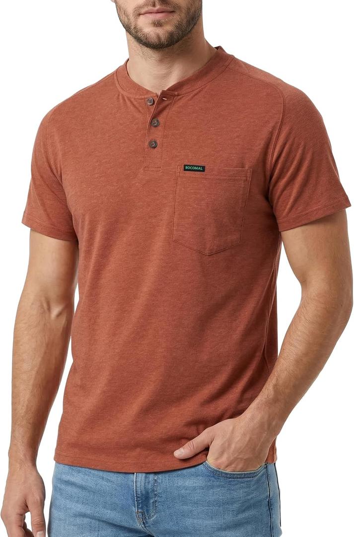 BOCOMAL Non FR - Men's Henley Work Shirts, Stretch-Cotton Relaxed Fit | 5.5oz Lightweight, EX-Soft, Breathable, Chest Pocket, Versatile Workwear - Ideal for Jobsite & Casual, Large