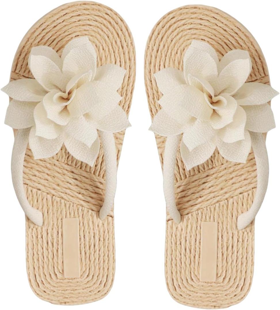 OYOANGLE Women's Applique Decor Open Toe Flip Flop Sandals Casual Outdoor Flat Slippers (Beige) 38