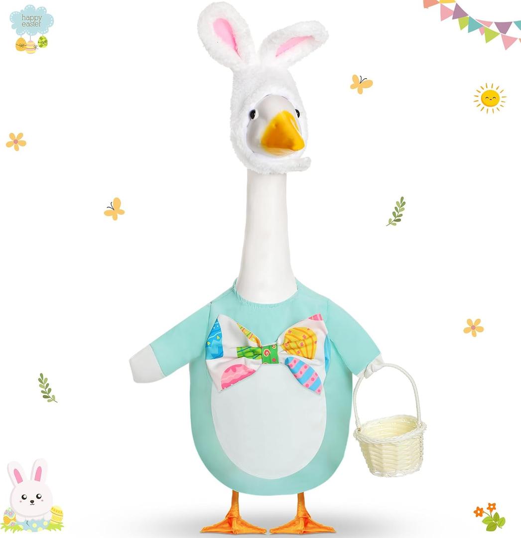 FuWeave Easter Bunny Goose Outfit Easter Egg Porch Goose Costume for Cement Plastic Geese Statue Spring Outdoor Garden Yard Patio Decoration(Baby Blue,17 Inches,Cute Bunny)