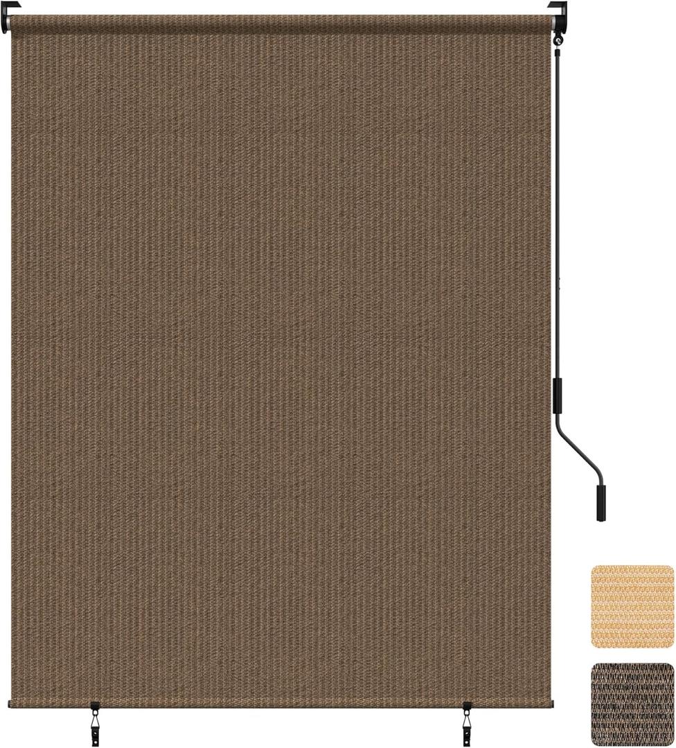 Grandekor Outdoor Roller Shade,8' W x 8' H,Patio Roll Up Shade Cordless,Outdoor Privacy Screen with 220GSM HDPE Aluminum,Wand Operation,Exterior Roller Shade Cloth for Porch Gazebo Backyard,Mocha