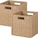 Woven Wicker Storage Baskets 2-Pack, 11x11 Handwoven Paper Rope Organizer Bins, Foldable Cube Storage Cubes with Built-in Handles for Shelves and Closet Organization(Natural Beige)