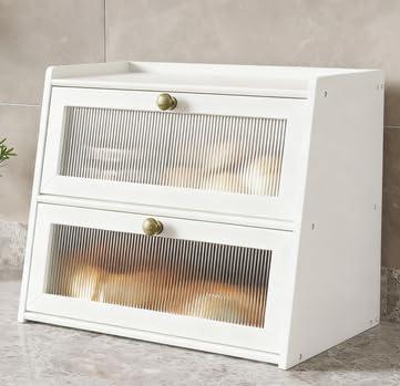Double Layer Large Bamboo Bread Box for Kitchen Counter, Wooden Large Capacity Bread Storage Bin with Window Bread Holder (White)