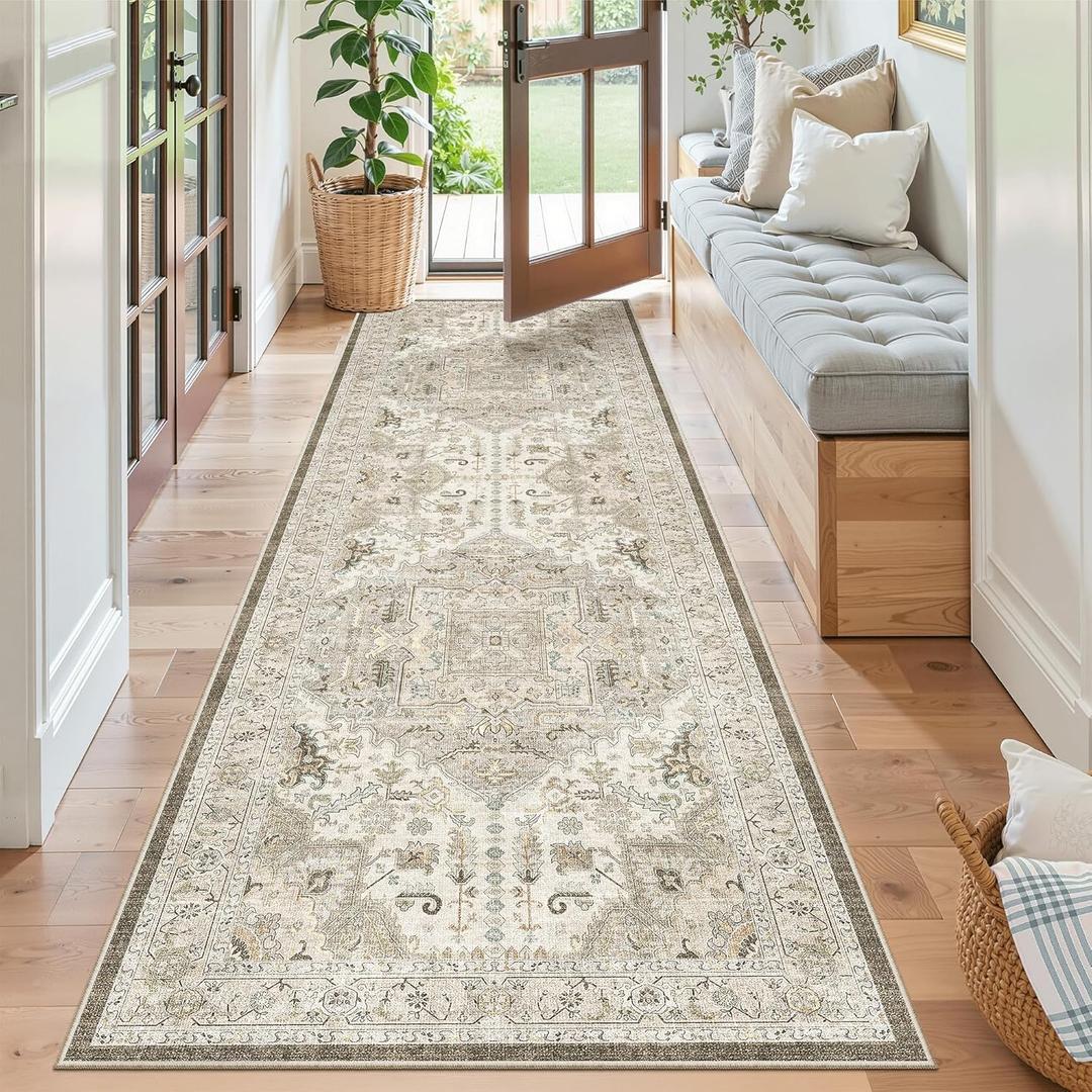 Madane Runner Rug 2'6''x8' Kitchen Runner, Hallway Runner Printed Vintage Washable Rugs Soft Non-Slip Low Pile Runners for Hallways Laundry Room Rug Distressed Rug, Ivory/Brown