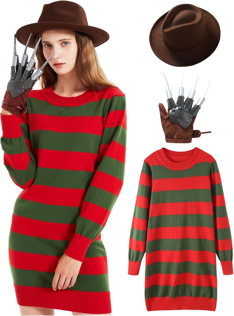 eforpretty Halloween Costume for Women Knitted Sweater Dress with Brown Hat and Leather Glove Set (Medium)