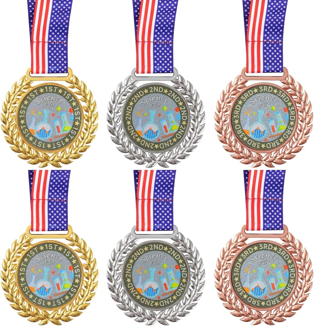 6 Packs Science Fair Medals with Neck Ribbon, 2.75" 1st 2nd 3rd Place Medals, Gold Silver Bronze Metal Medal for Awards Competitions Scholastic Science Project Academic Award Prize Gift (6)
