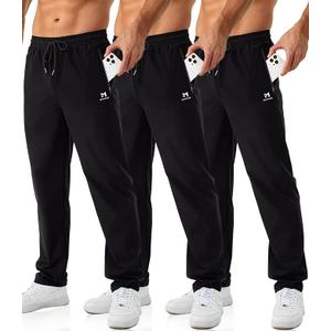Minorlee Mens Joggers with Zipper Pockets Open Bottom Sweatpants for Men 3 Pack Lightweight Track Pants Men for Workout,Gym M 