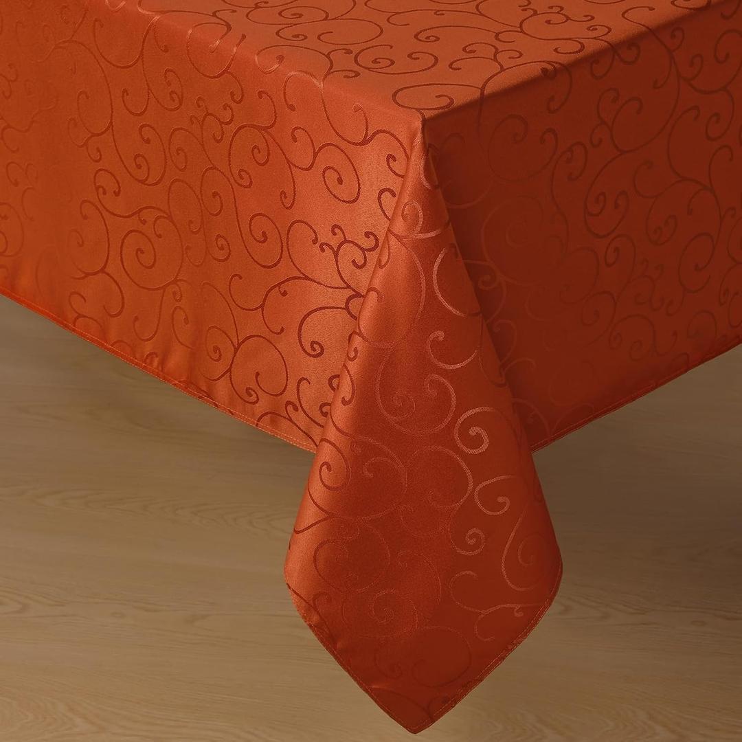 Romanstile Burnt Orange Fall Jacquard Tablecloth Rectangle - Waterproof Damask Curly Floral Decorative Autumn Table Cloth, Heavy Weight Fabric Table Cover for Dining/Party/Holiday - Rust, 60 x 84 Inch