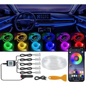 YUGUANG Interior Car Lights Strip APP Control, 5 in 1 Multicolor Music Sync RGB LED Car Ambient Lighting Kit with 236 inches Fiber Optic