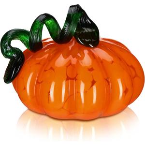 Newtay 4 x 4 Inch Thanksgiving Glass Pumpkin Fall Blown Pumpkin Table Decor Harvest Glass Figurine Spotted Crafts for Fall Thanksgiving Halloween Decor (Orange)