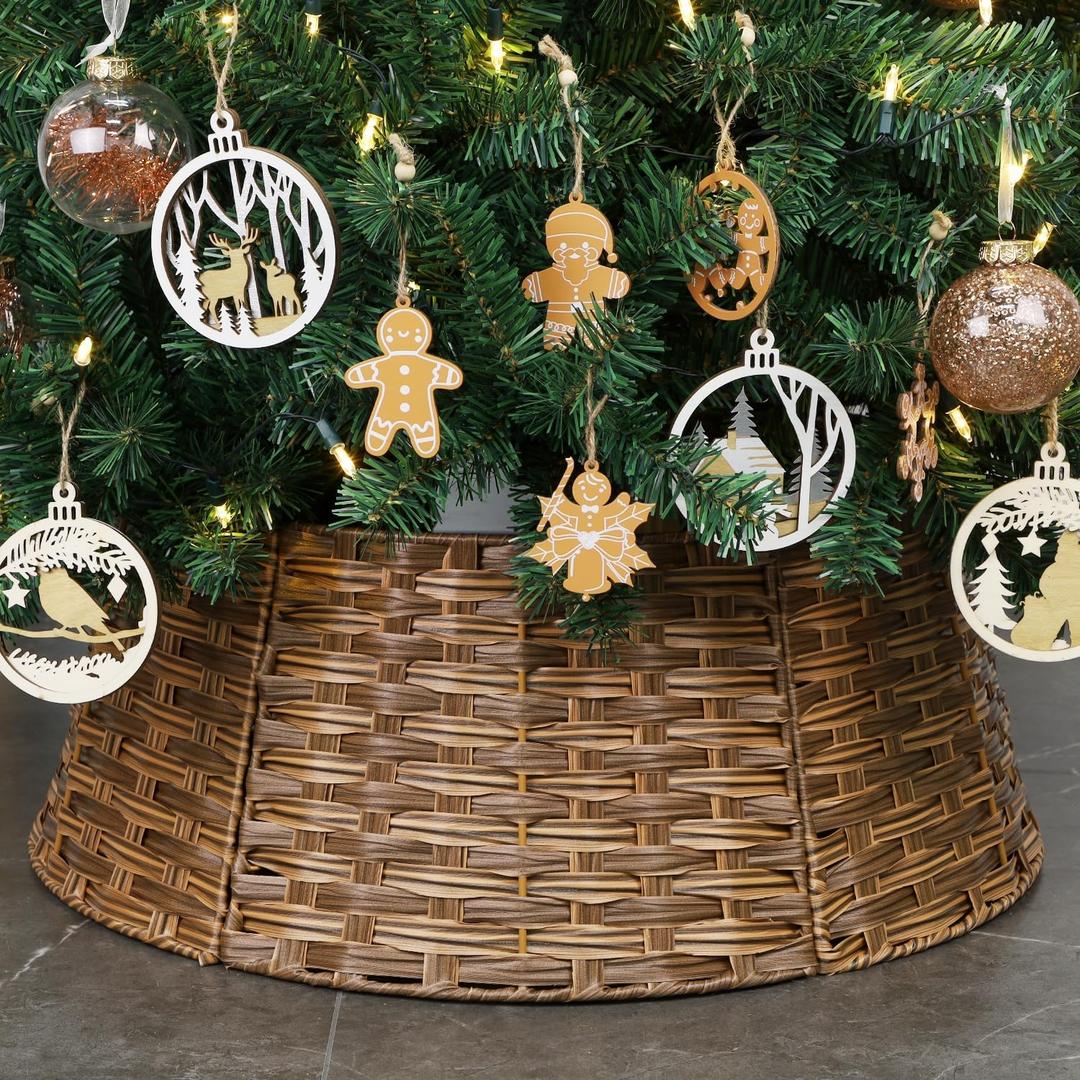 Blissun Christmas Tree Collar, Plastic Rattan Xmas Tree Ring, Round Farmhouse Christmas Tree Collar, Christmas Tree Skirt for Artificial Christmas Trees Decoration, Brown