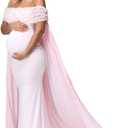 JustVH Women's Maternity Mesh Off Shoulder Chiffon Maxi Photoshoot Dress for Baby Shower Cloak Outfit Maxi Photography Gown (Pink, M)