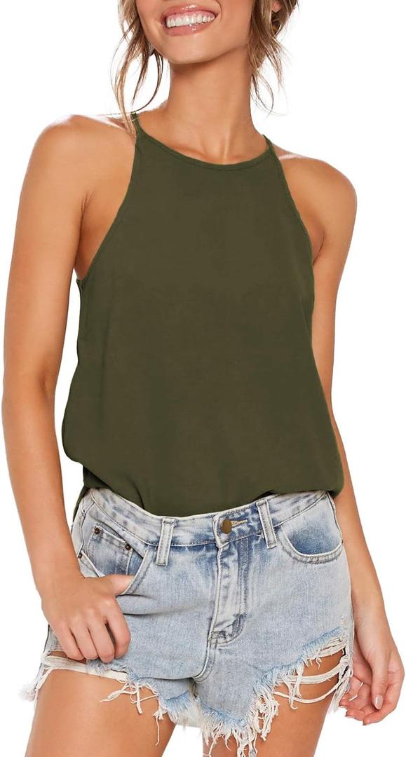 THANTH Womens Sexy Casual Summer Shirts Halter Spaghetti Strap Sleeveless Cute Trendy Tank Tops Loose Fit Olive S