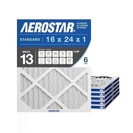 Aerostar 16x24x1 MERV 13 - 6 Count - Pleated HVAC, Furnace & Air Conditioner Filters - Removes Bacteria, Dust, Cold & Flu Germs, Lint, Mold, Pet Dander, Allergy-Causing Pollen, Smog, Smoke & Viruses