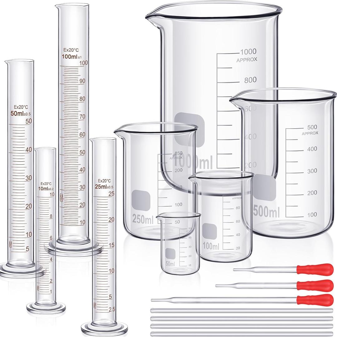 9 Pcs Graduated Cylinder Beaker Set, Thick Lab Cylinders (10 25 50 100 ml), Beaker (50 100 250 500 1000 ml) with 3 Dropper 4 Stirring Rod 7.9 Inch for Science Lab