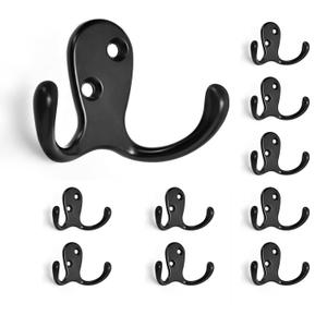 HOMOTEK 10 Pack Heavy Duty Coat Hooks Wall Mounted Double Prong(Left and Right) Rustproof Coat Hook Hardware Retro Dual Robe Hanger for Coat,Towel, Scarf, Hat, Bag, Key, Shoes, Matte Black
