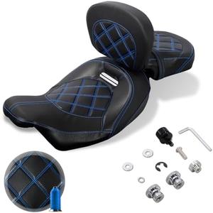 FOVPLUE Two-up Seat w/Rider Backrest, Low-Profile Driver Passenger Pillion Seat +Adjustable Backrest Pad for 2009-2024 Harley Touring CVO Road Glide Road King Street Glide Electra Glide FLHTKSE, BLUE